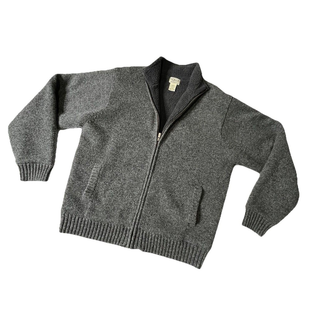 LL Bean Classic Gray Sweater Lambs Wool Full Zip Heavyweight Lined Men’s Medium
